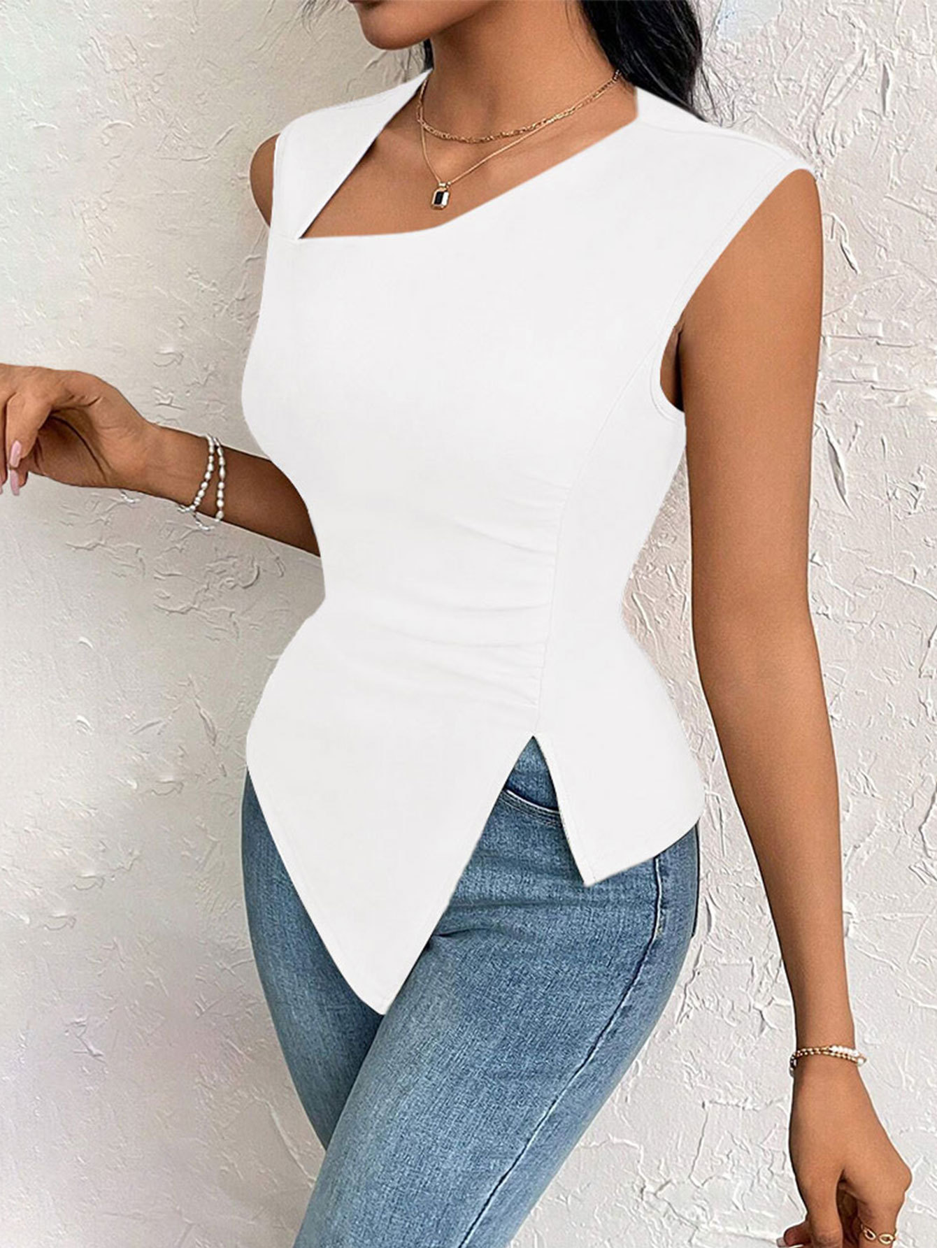 Women’s Elegant T-Shirt – Spring/Summer 2026 New Arrival Asymmetric Neck Slim-Fit Short Solid Top