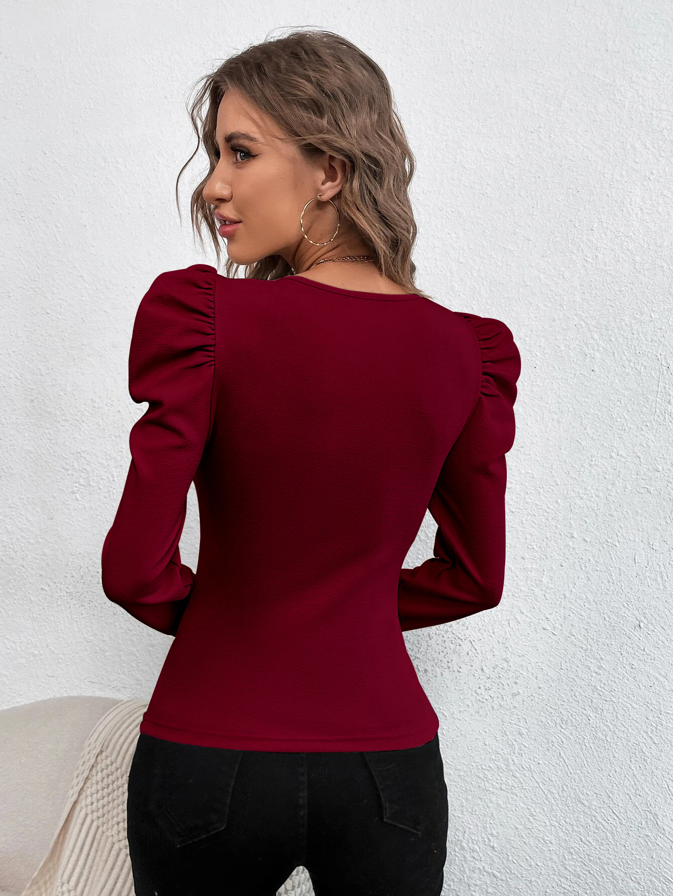 Women’s Fashion Square Neck Slim-Fit Leg-of-Mutton Sleeve Knit Long Sleeve T-Shirt – Commuter Top In Stock