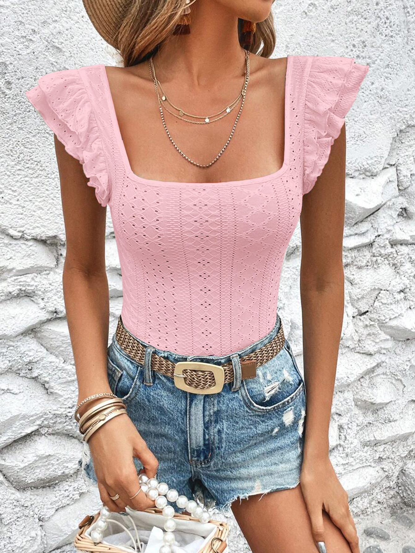 Women’s Summer New Arrival Square Neck Ruffled Slim-Fit T-Shirt