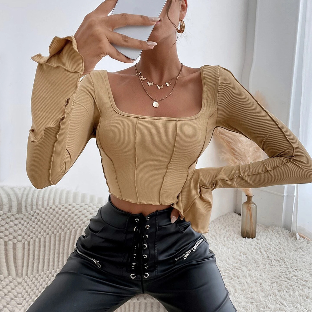 Women’s Spring/Summer 2026 New Arrival Slim-Fit Long Sleeve Square Neck Pullover Knit T-Shirt Top