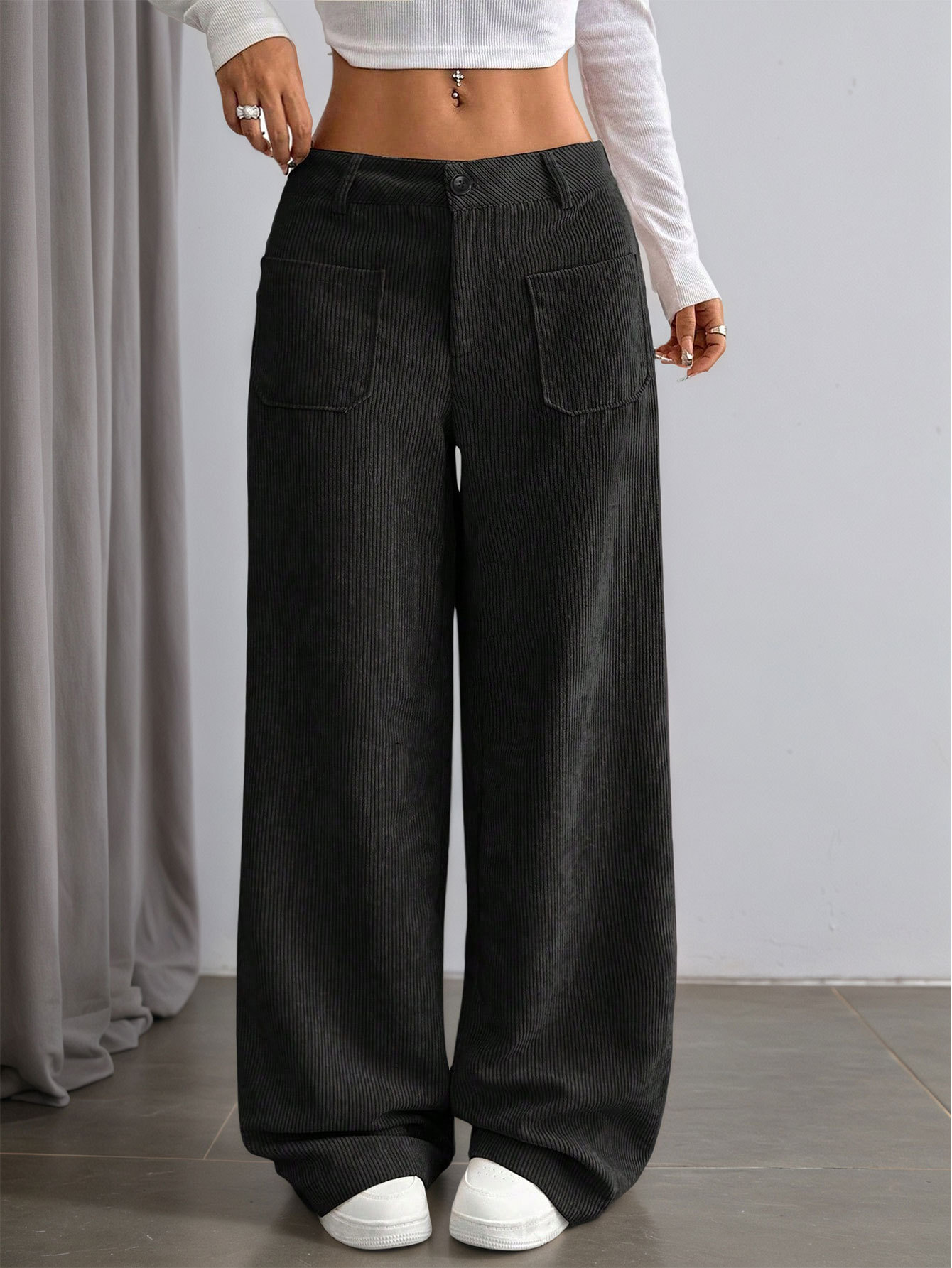 Women’s Corduroy Spring/Summer Dark Brown Vertical Stripe High-Waist Wide-Leg Loose Slimming Casual Pants