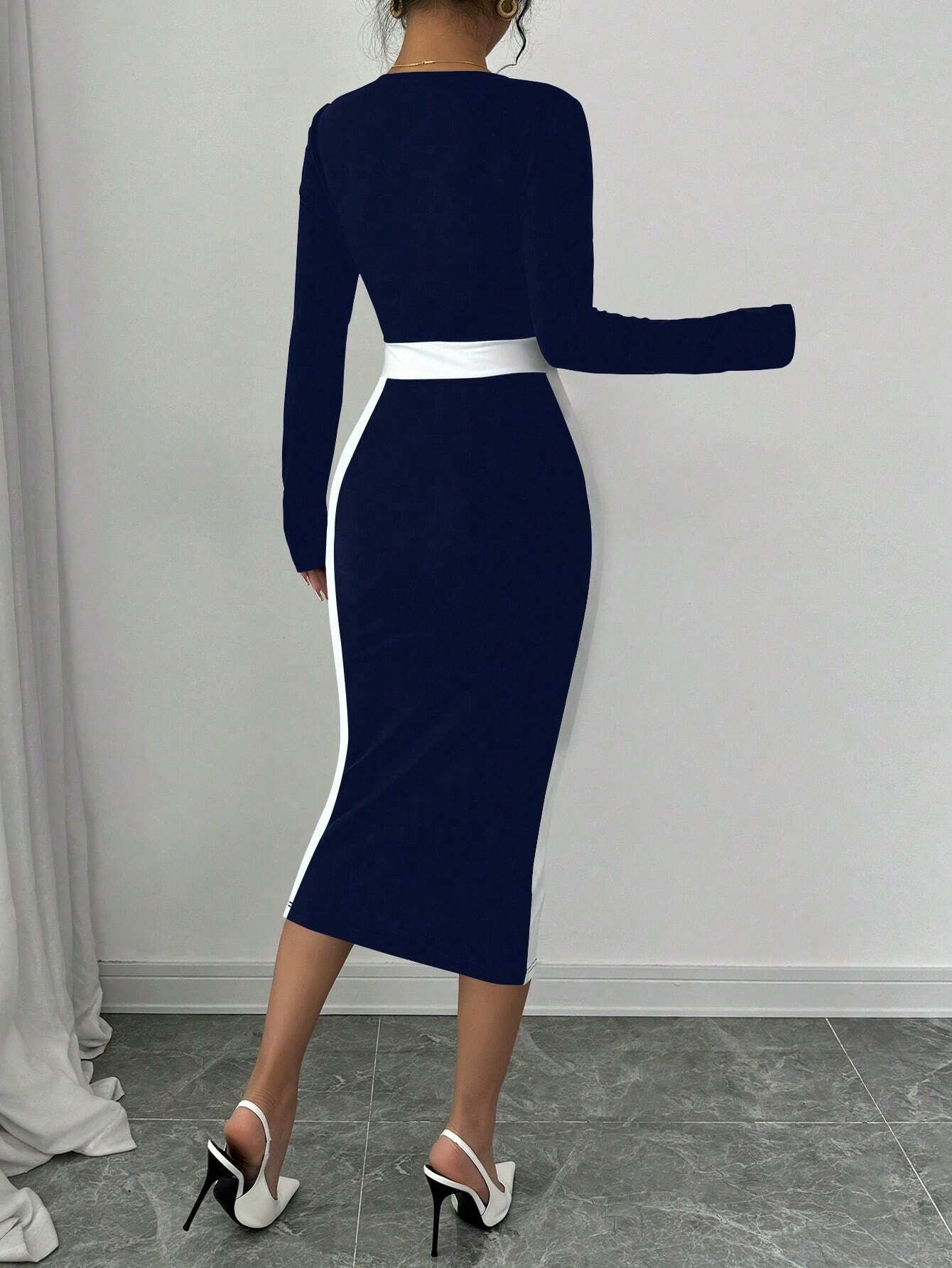 Women’s 2026 New Arrival Patchwork Color-Block Midi Dress – Sexy Bodycon Long Sleeve Dress
