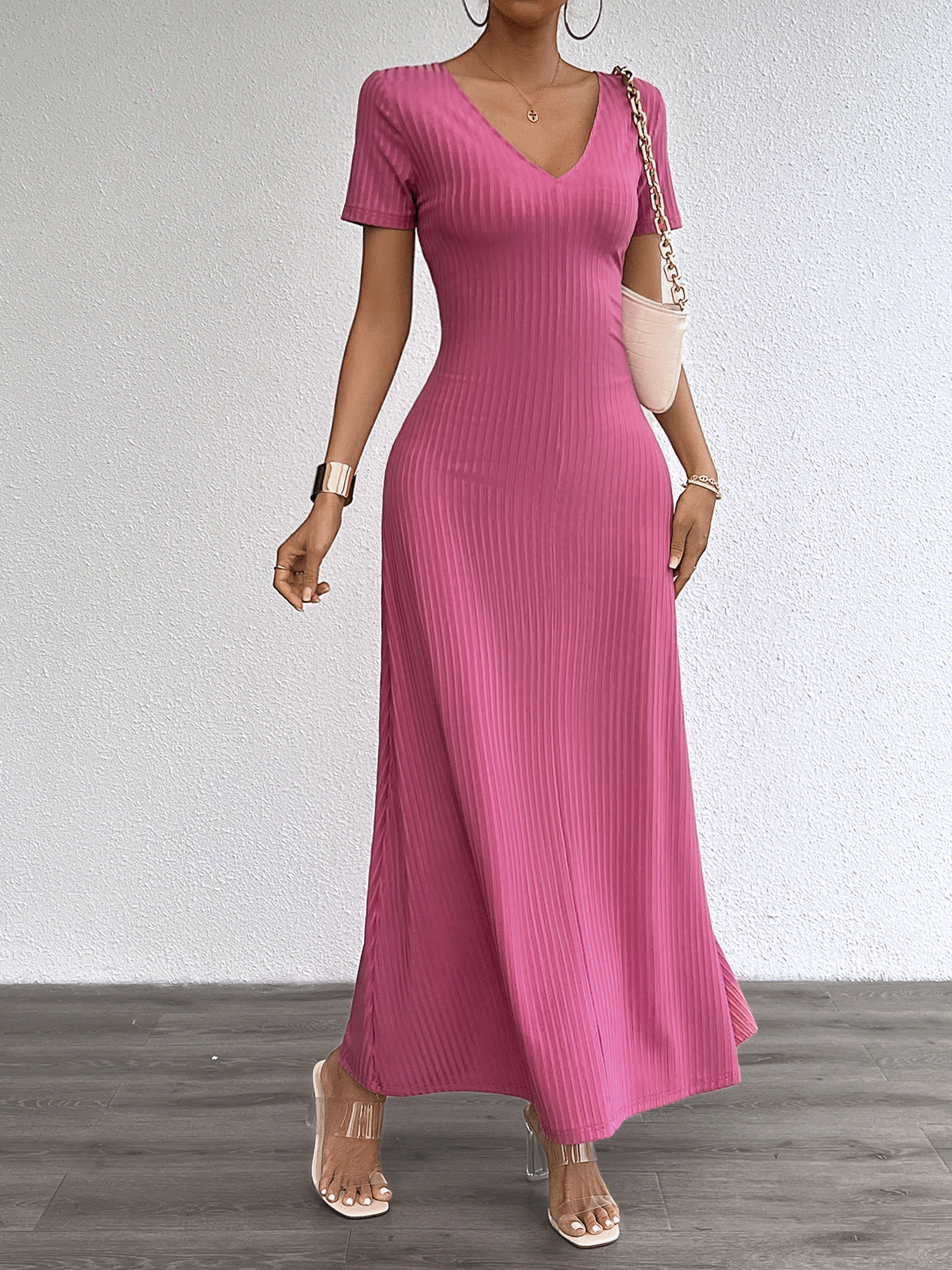 Women’s Plus Size Solid Sexy Deep V-Neck Short Sleeve Long Dress – Summer New Arrival Bestseller