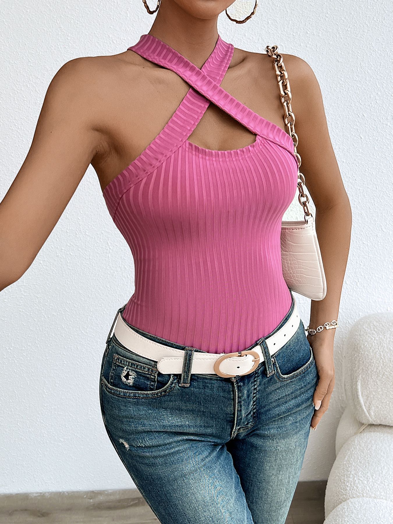 Women’s Halter Sleeveless Sanded Ribbed Knit Top – Fashionable & Versatile