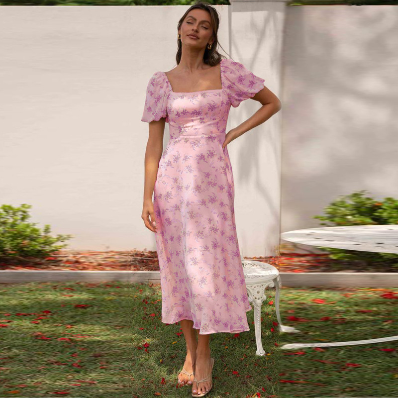 Women’s New Arrival Backless Hot Girl Spring Puff Sleeve Floral Dress – Slimming Light Luxury