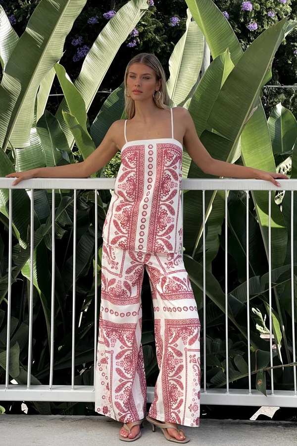 Women’s Placement Print Loose Casual Camisole Top + Wide-Leg Straight Pants Set