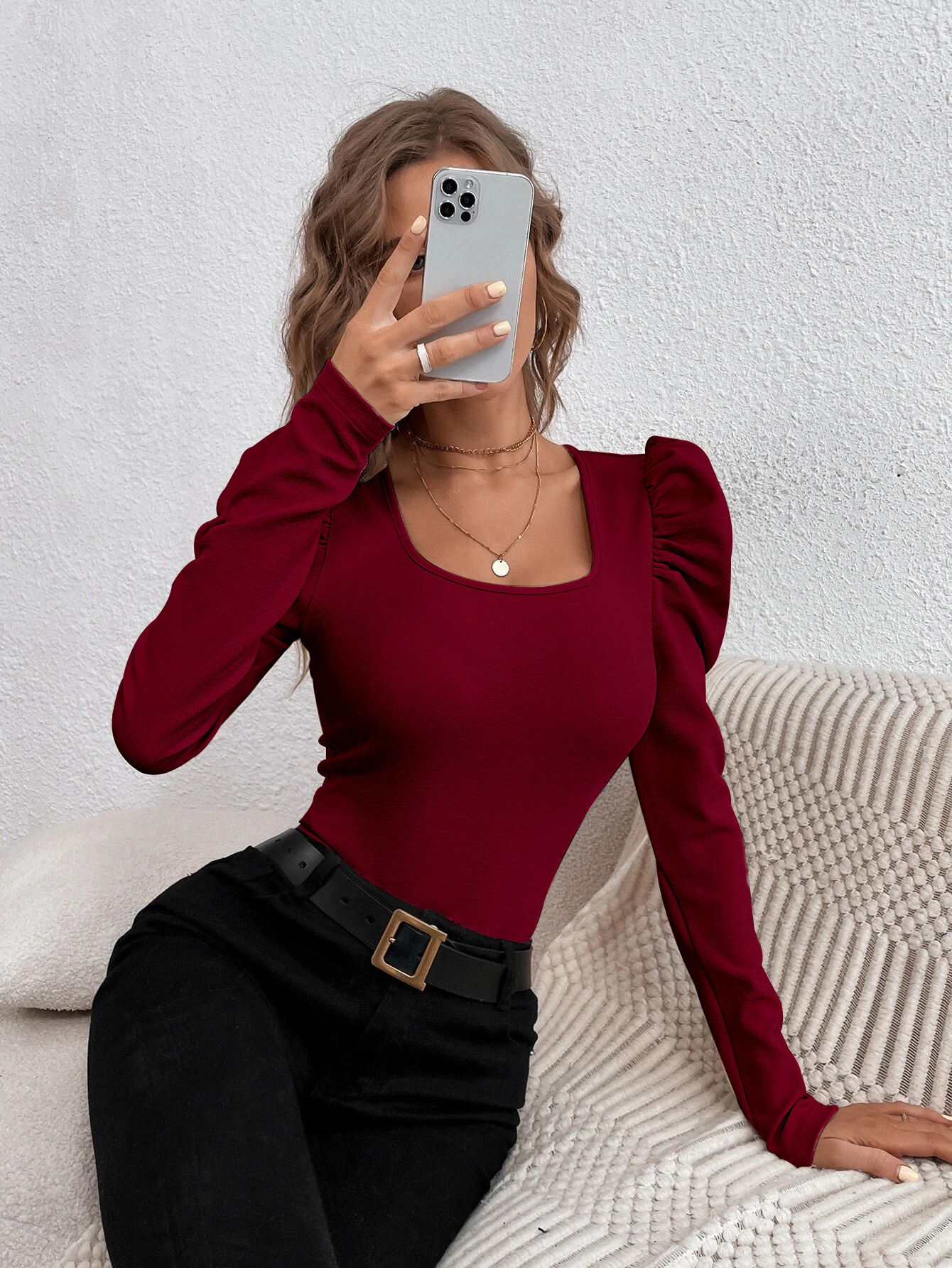 Women’s Fashion Square Neck Slim-Fit Leg-of-Mutton Sleeve Knit Long Sleeve T-Shirt – Commuter Top In Stock