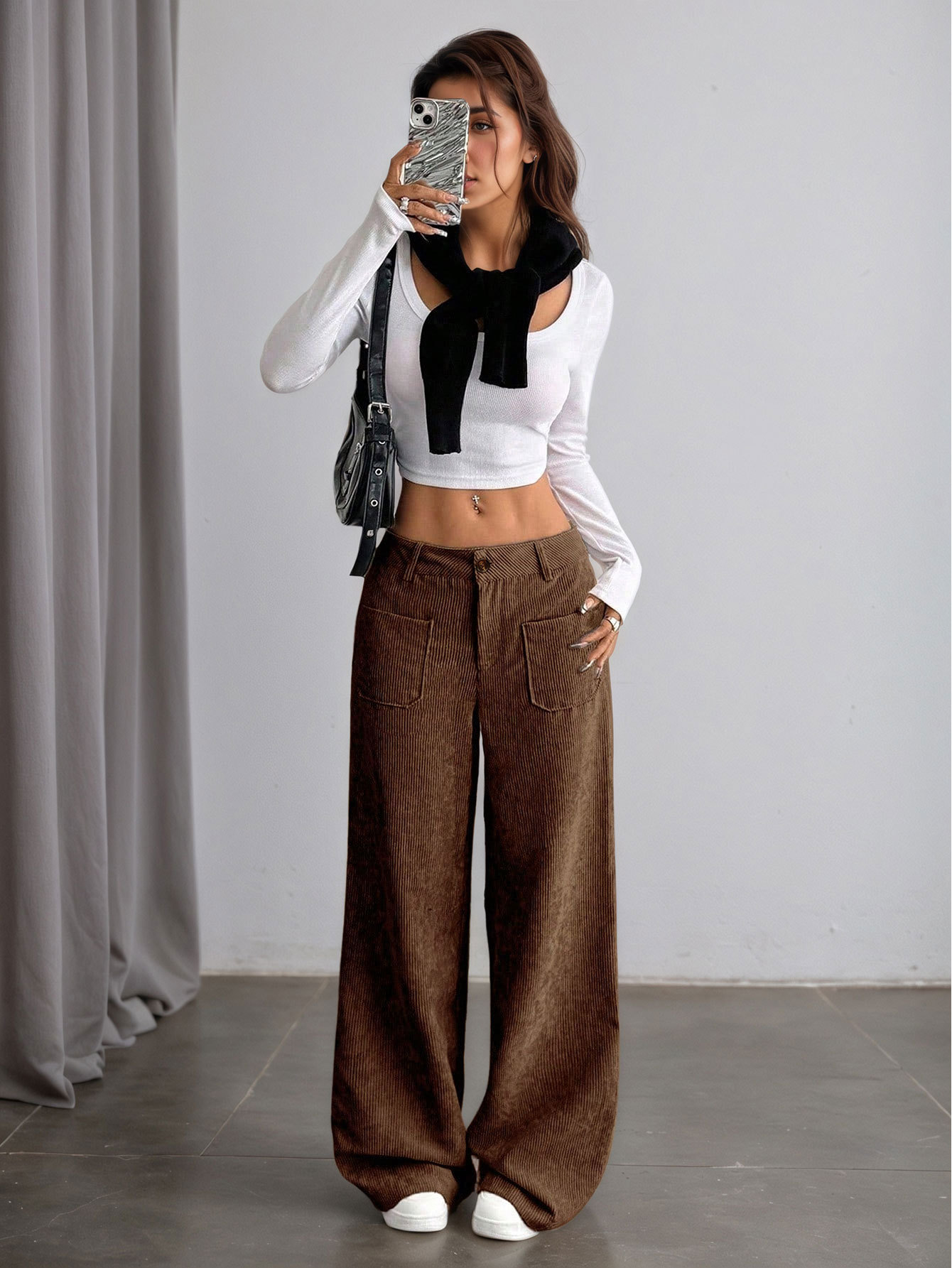 Women’s Corduroy Spring/Summer Dark Brown Vertical Stripe High-Waist Wide-Leg Loose Slimming Casual Pants