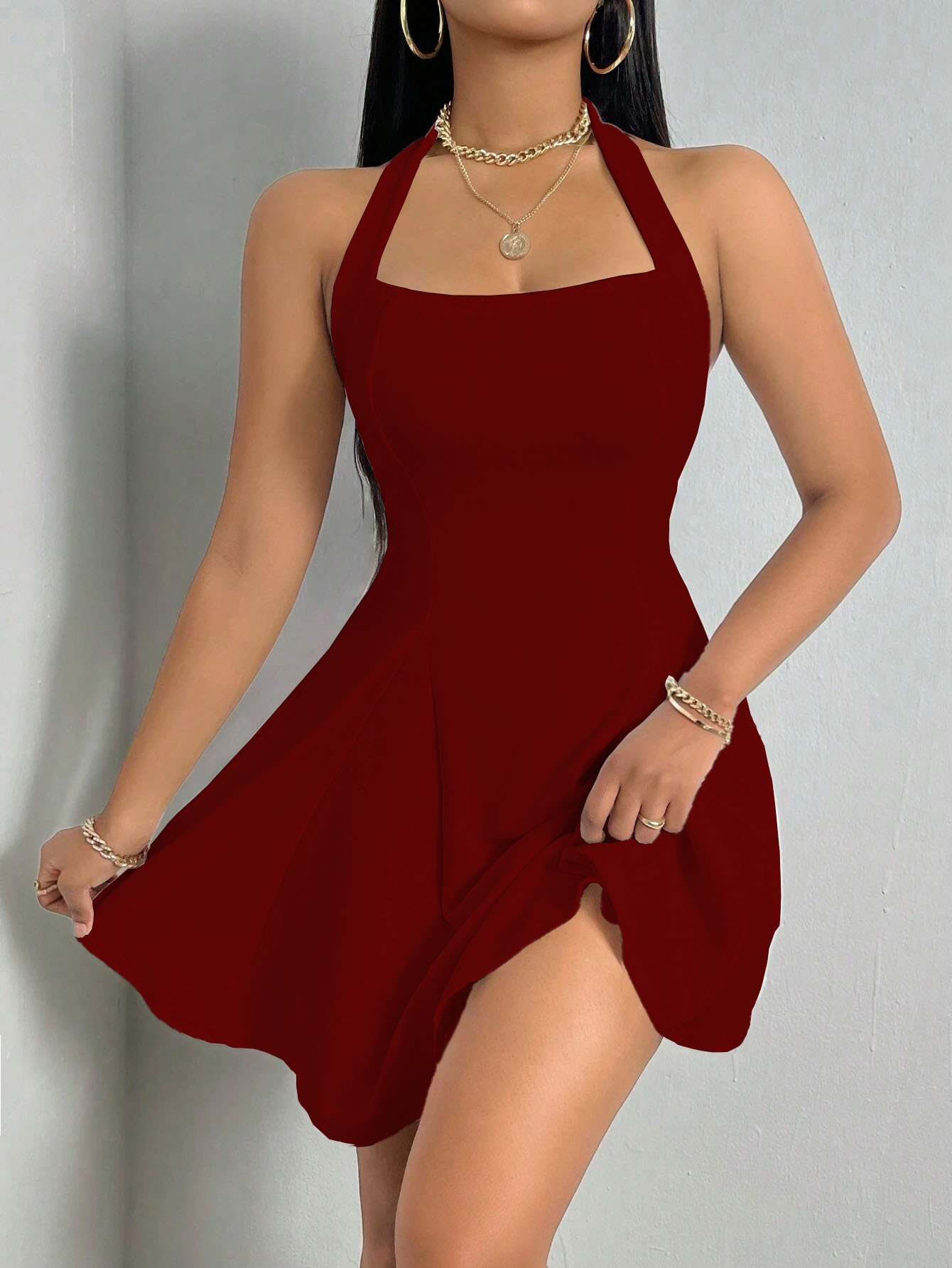 Women’s Ins Bestseller 2026 Sexy Halter Backless Waist-Cinching A-Line Flared Mini Dress