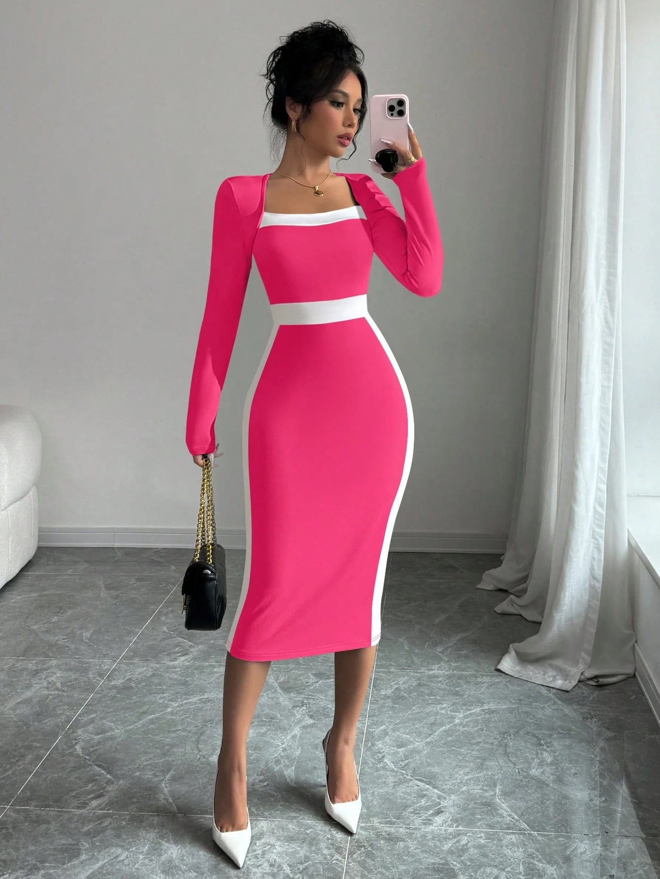 Women’s 2026 New Arrival Patchwork Color-Block Midi Dress – Sexy Bodycon Long Sleeve Dress