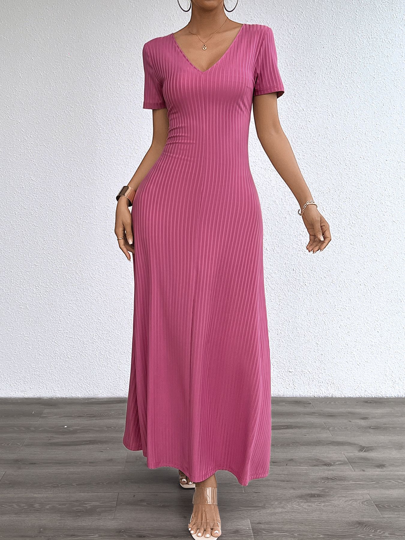 Women’s Plus Size Solid Sexy Deep V-Neck Short Sleeve Long Dress – Summer New Arrival Bestseller