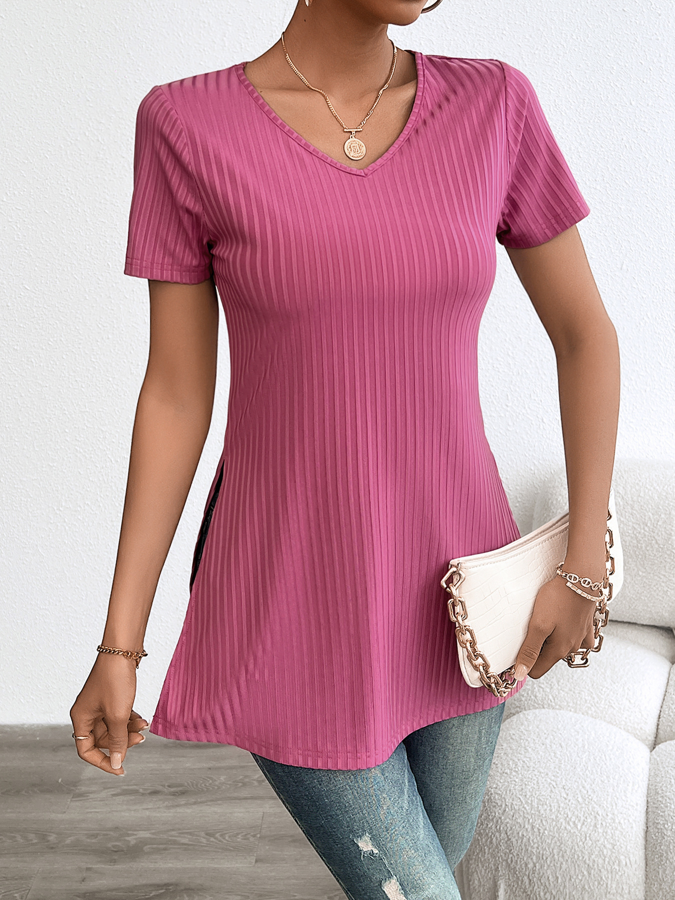 Women’s Plus Size Solid V-Neck Short Sleeve Slit Ribbed Sanded T-Shirt