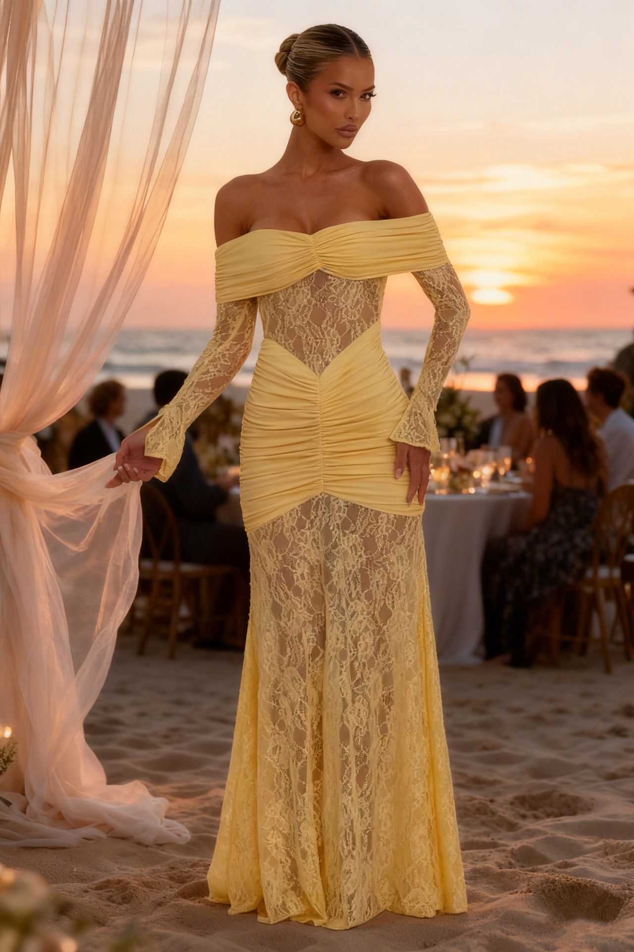 Women’s Elegant Lace Off-Shoulder Long Sleeve Backless Slim-Fit Maxi Dress – Fashion Sexy Style