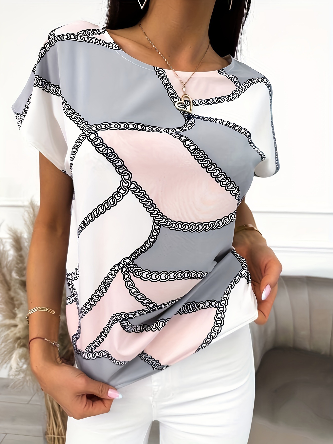 Women’s Short Sleeve Top – Chain Print Loose Short Sleeve Top