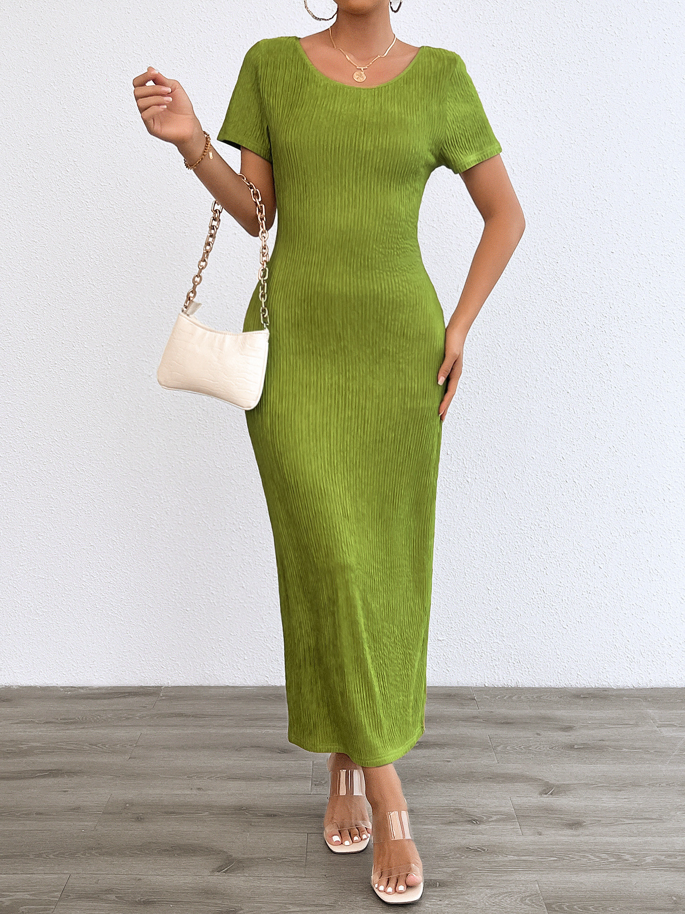 Women’s Spring/Summer New Arrival Fashion Casual Solid Round Neck Slim-Fit Dress