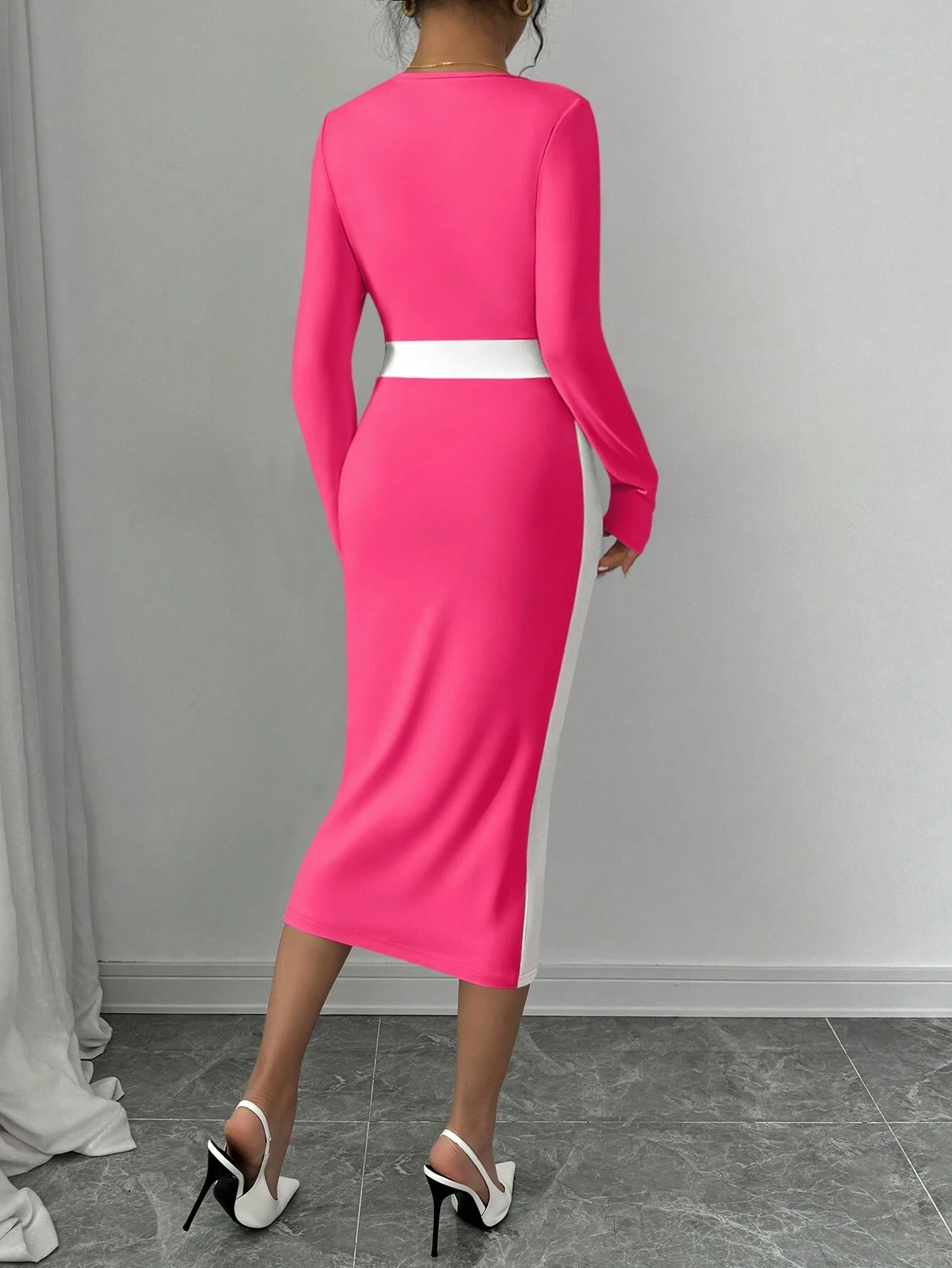 Women’s 2026 New Arrival Patchwork Color-Block Midi Dress – Sexy Bodycon Long Sleeve Dress