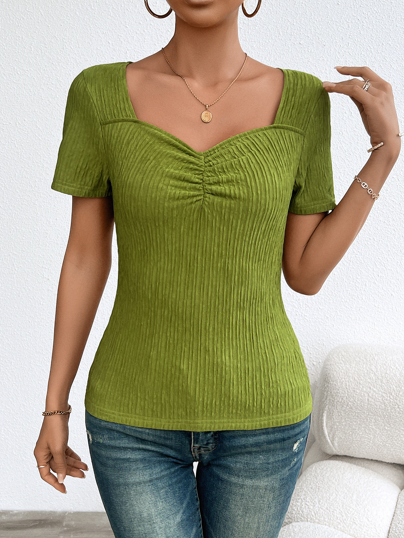 Summer Solid V-Neck Slim-Fit Short Sleeve T-Shirt