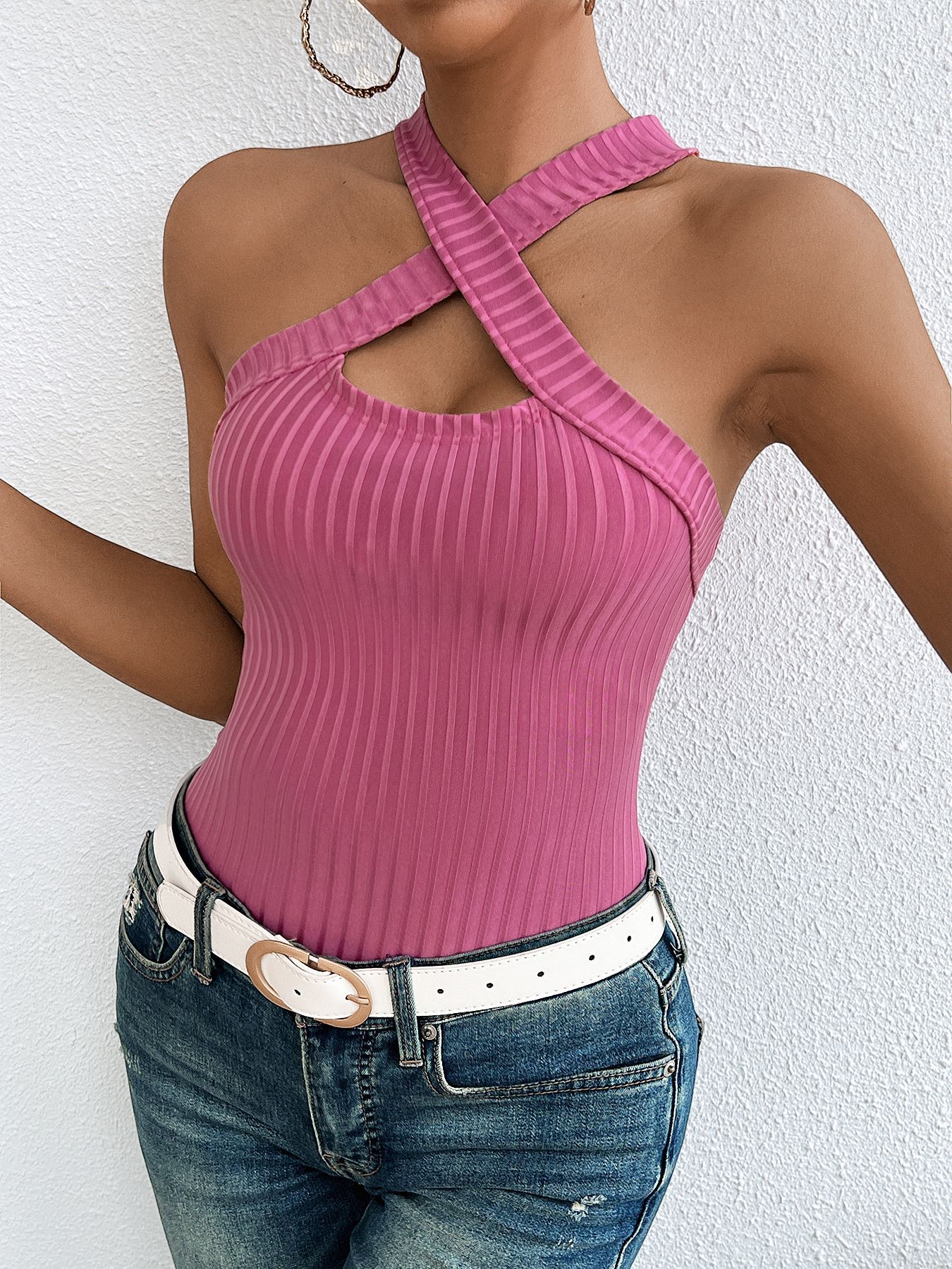 Women’s Halter Sleeveless Sanded Ribbed Knit Top – Fashionable & Versatile