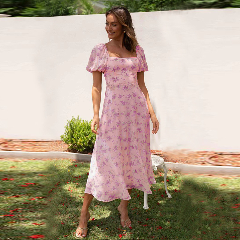 Women’s New Arrival Backless Hot Girl Spring Puff Sleeve Floral Dress – Slimming Light Luxury