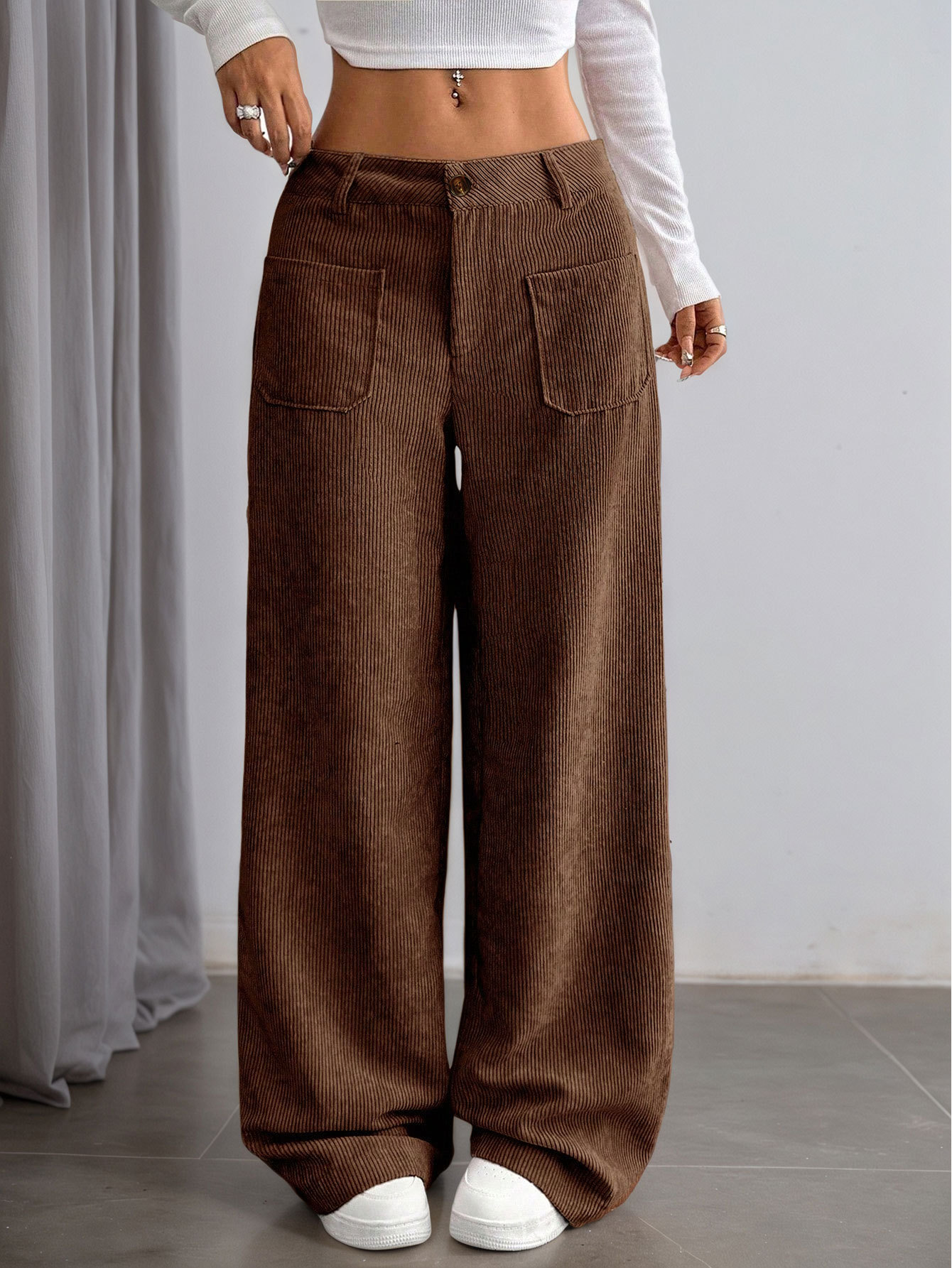 Women’s Corduroy Spring/Summer Dark Brown Vertical Stripe High-Waist Wide-Leg Loose Slimming Casual Pants