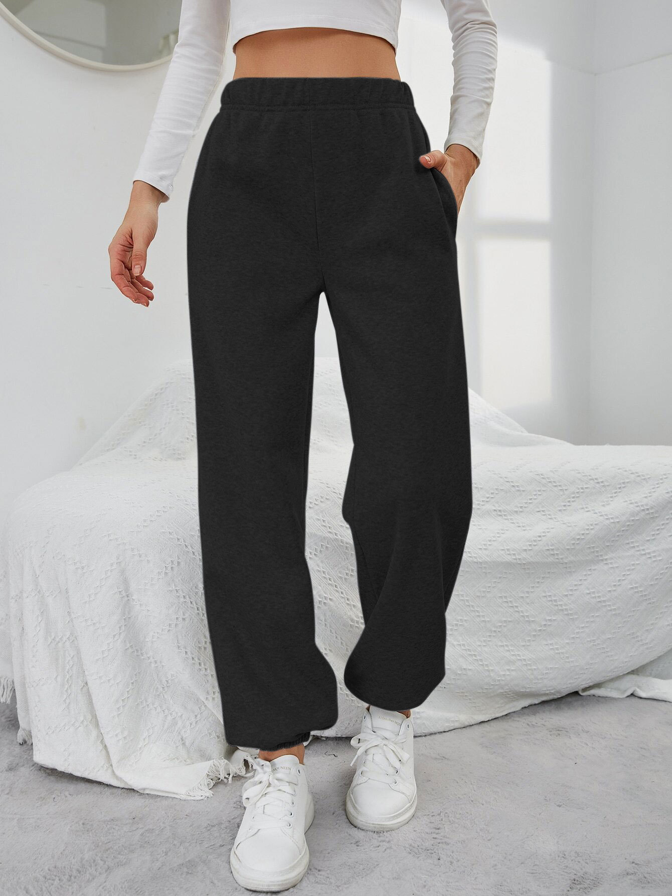Women’s 2026 Minimalist Straight-Leg Casual Pants – Spring/Summer Pocket Design High-Waist Sport Fleece-Lined Long Pants