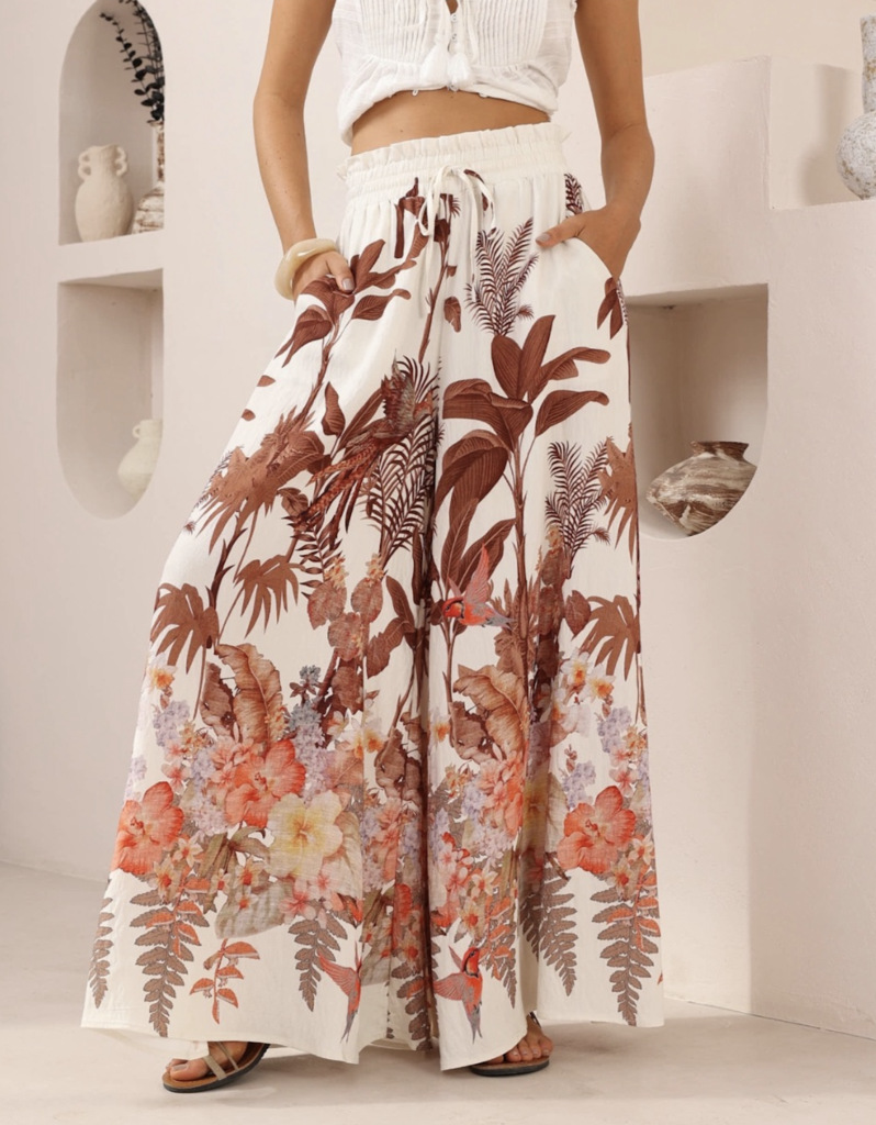 Women’s Summer New Arrival Leaf Print Loose Wide-Leg Casual Pants