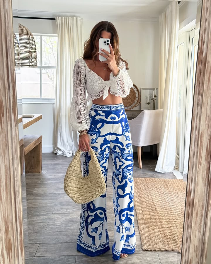 Women’s Summer New Arrival Blue-and-White Porcelain Placement Print Fashion Casual Wide-Leg Straight Pants
