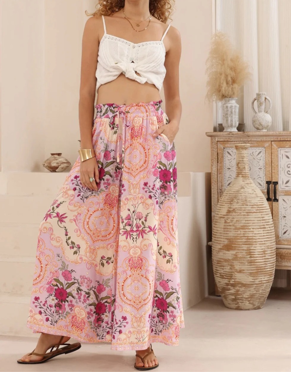 Women’s Summer New Arrival Printed Loose Casual Resort Style Wide-Leg Long Pants