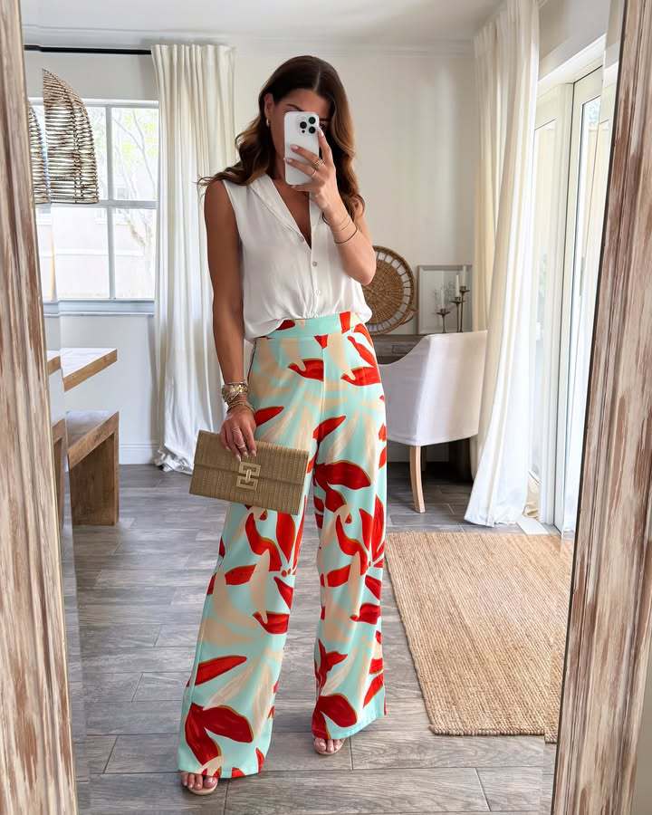 Women’s Summer New Arrival Leaf Print Wide-Leg Casual Pants – High-Waist Straight Long Pants