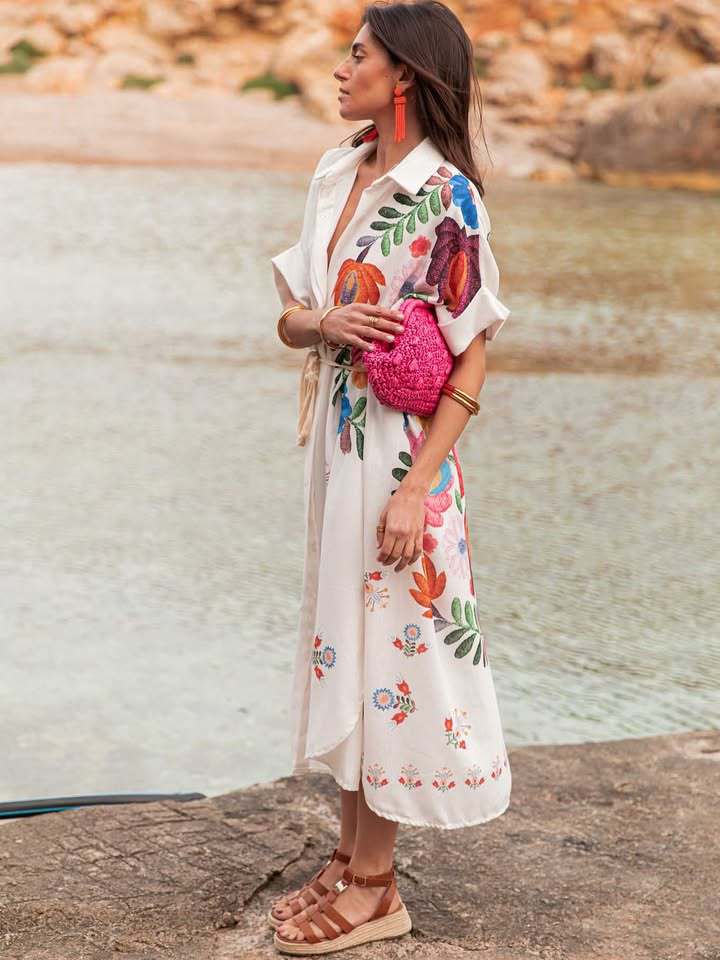 Women’s Placement Print Loose Casual Beach Dress – Seaside Resort Long Robe