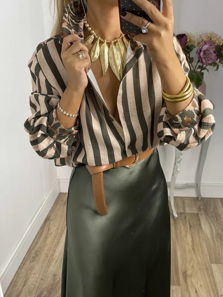 Women’s Striped Long Sleeve Shirt – Fall New Arrival Stripe & Leopard Print Loose Casual Shirt