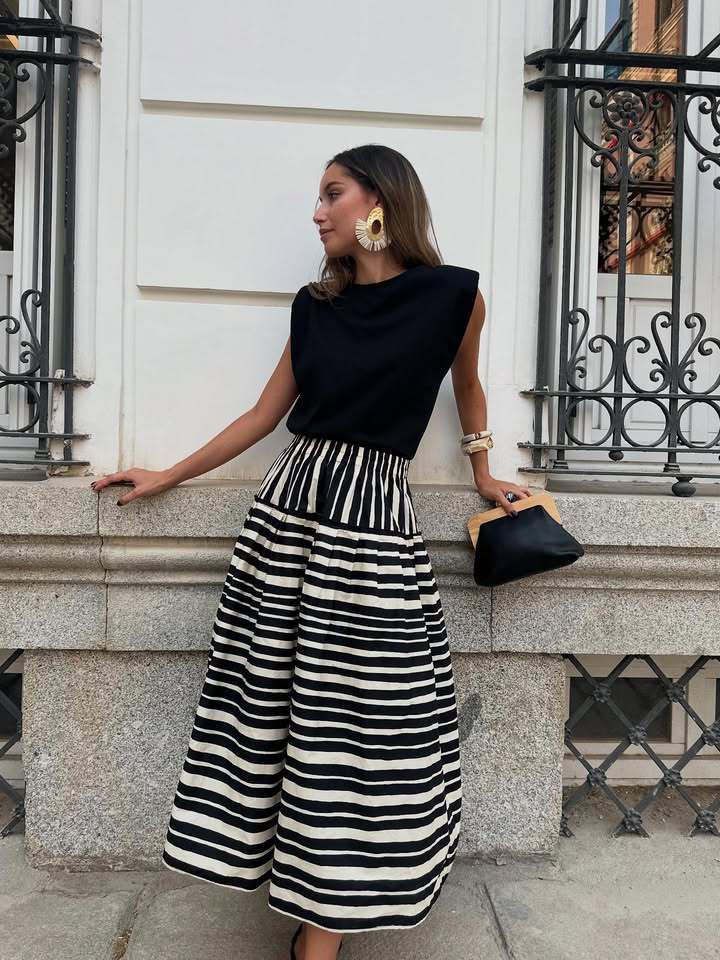 Women’s New Arrival Stripe Print Pleated Elegant A-Line Skirt
