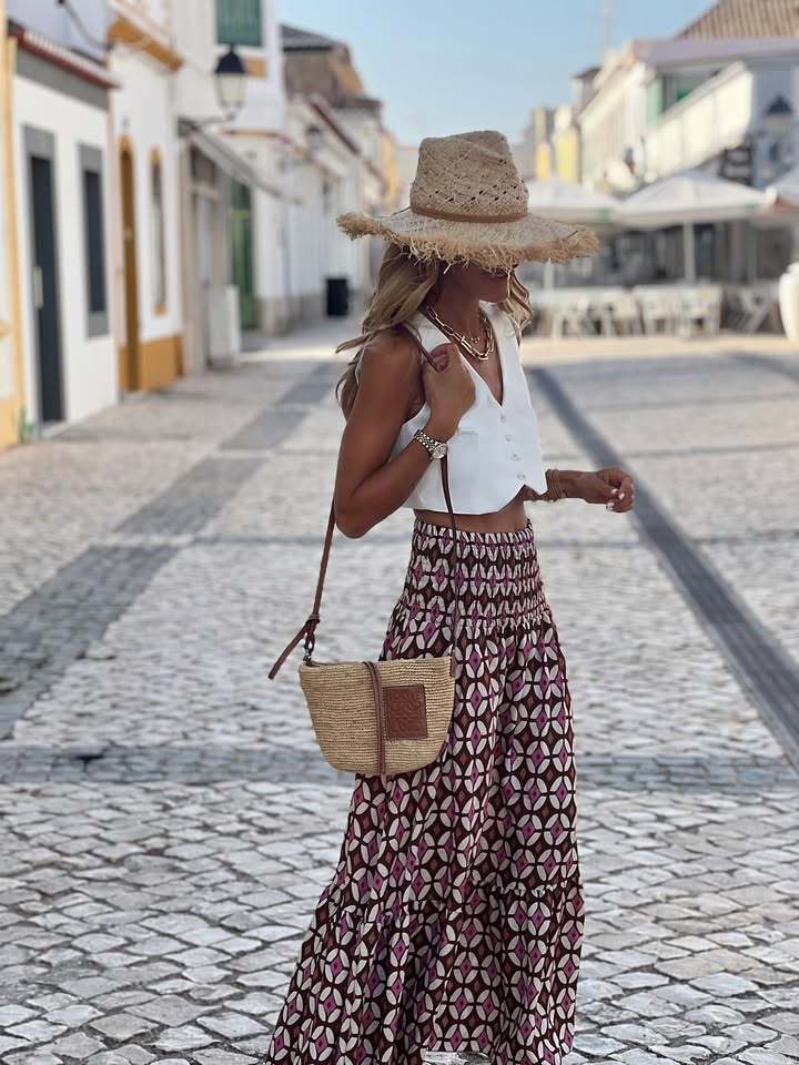 Women’s Fall New Arrival Print Elastic Waist Flared Resort Long Skirt