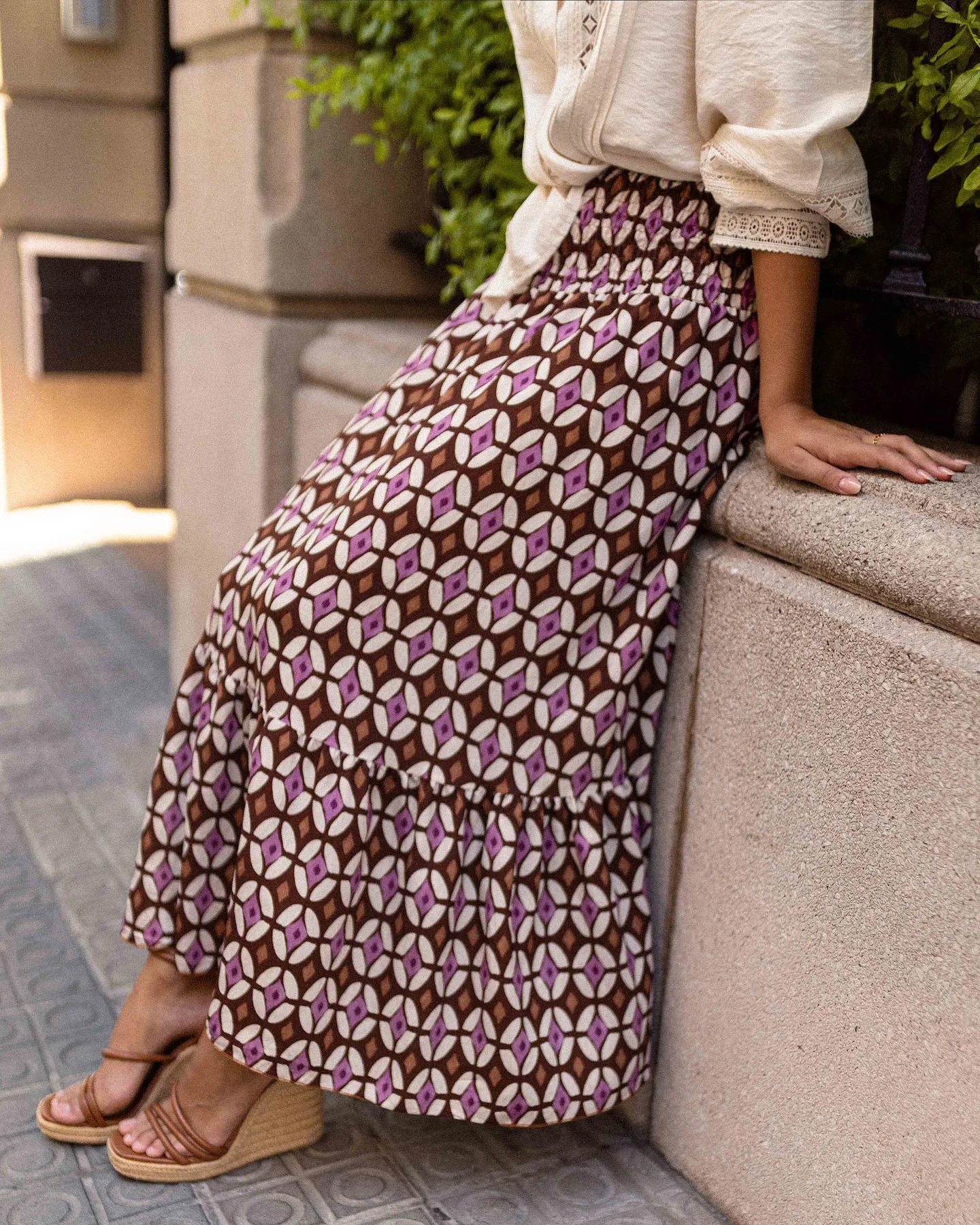 Women’s Ins Influencer Style Print Shirred Elastic Waist Flared Long Skirt
