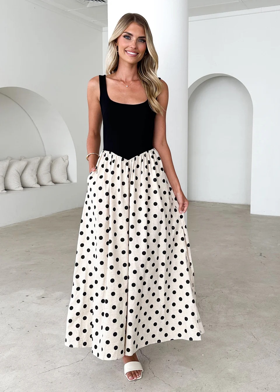 Women’s Spring/Summer New Arrival Polka Dot Print Patchwork U-Neck Flared Elegant Sleeveless Maxi Dress