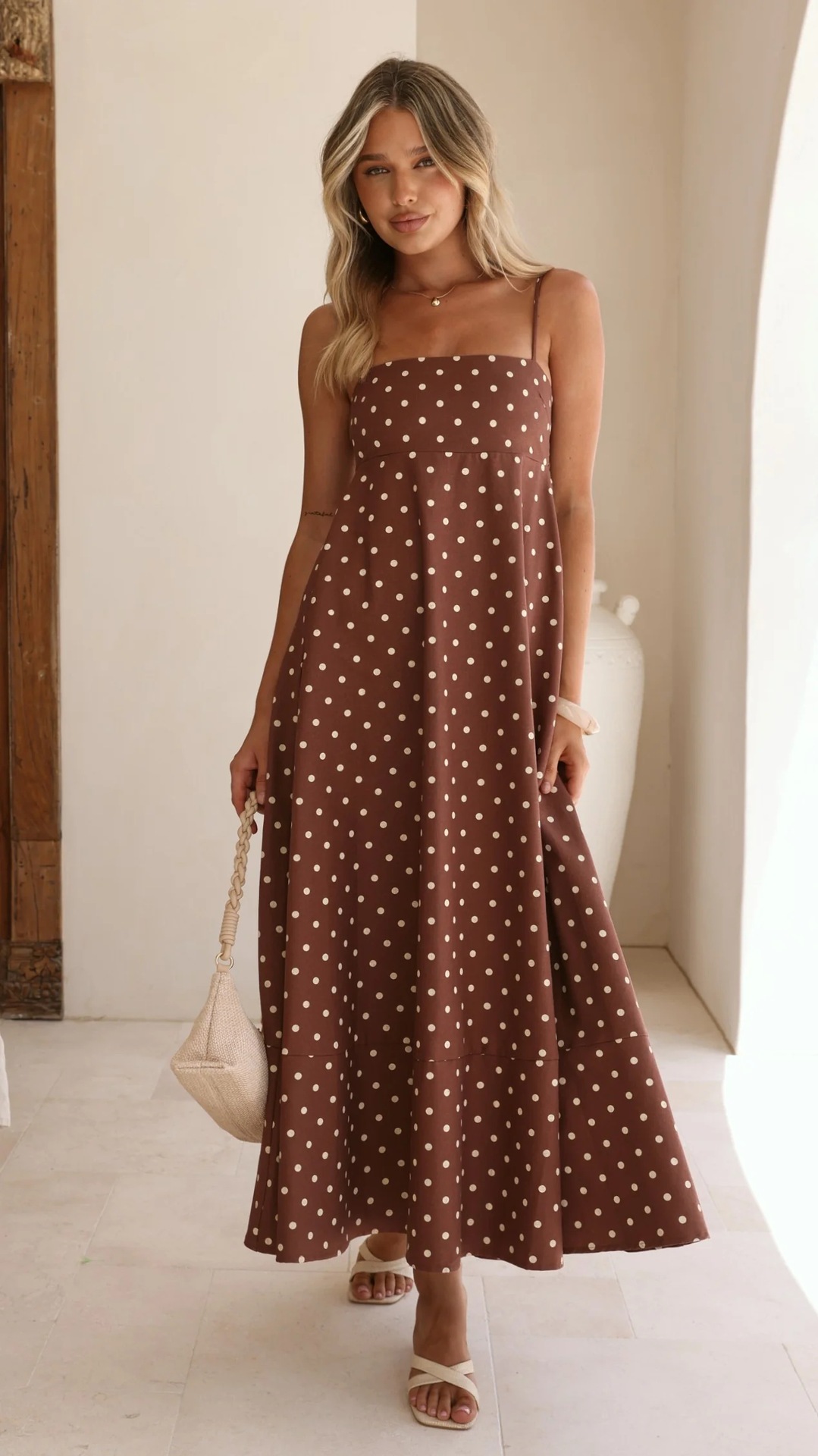 Women’s New Arrival Polka Dot Print High-Waist Flared Resort Maxi Dress