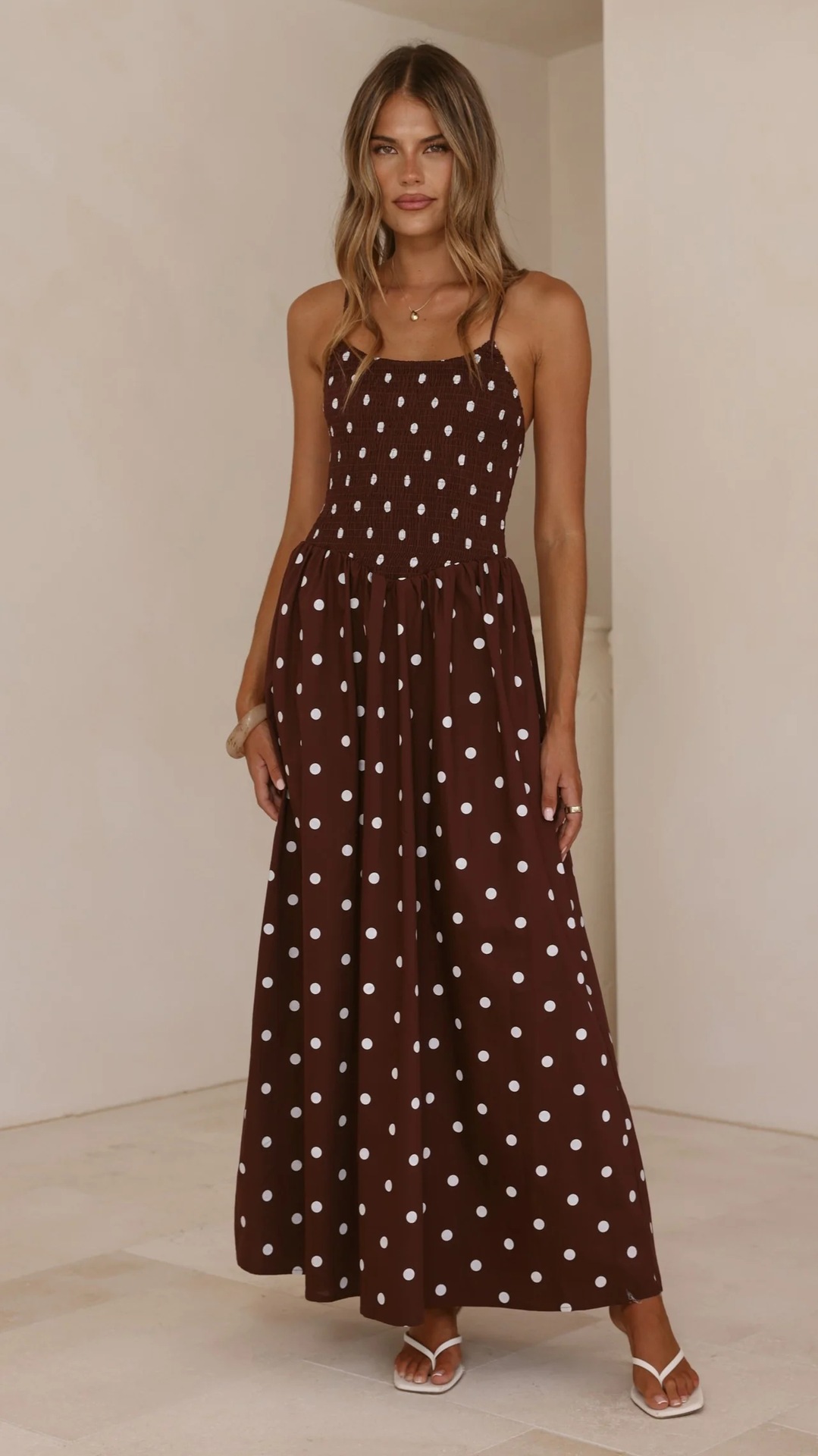 Women’s Spring/Summer New Arrival Polka Dot Print French Round Neck Waist-Cinching Camisole Flared Maxi Dress