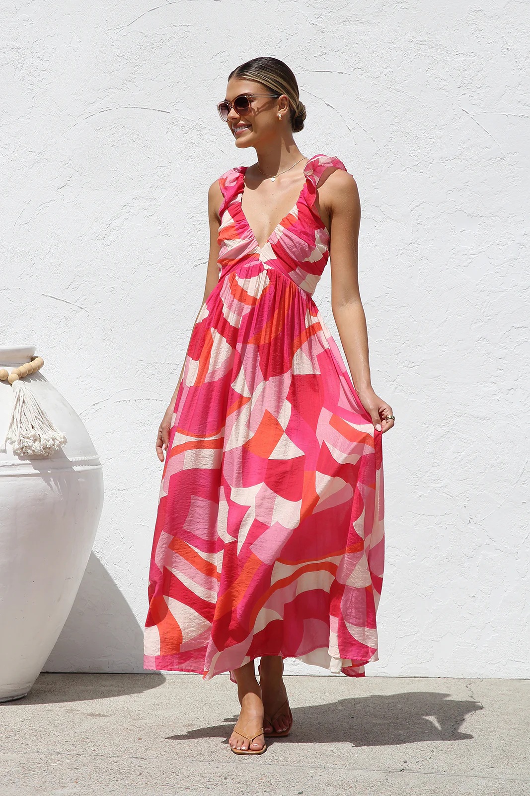 Women’s Summer New Arrival Ins Style Printed V-Neck Flared Camisole Maxi Dress