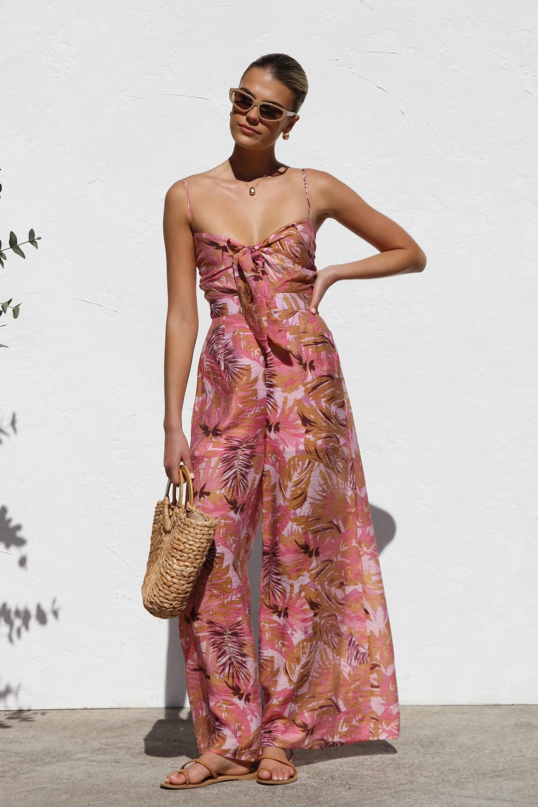 Women’s Summer New Arrival Printed Tie Shirred Waist-Cinching Wide-Leg Camisole Jumpsuit