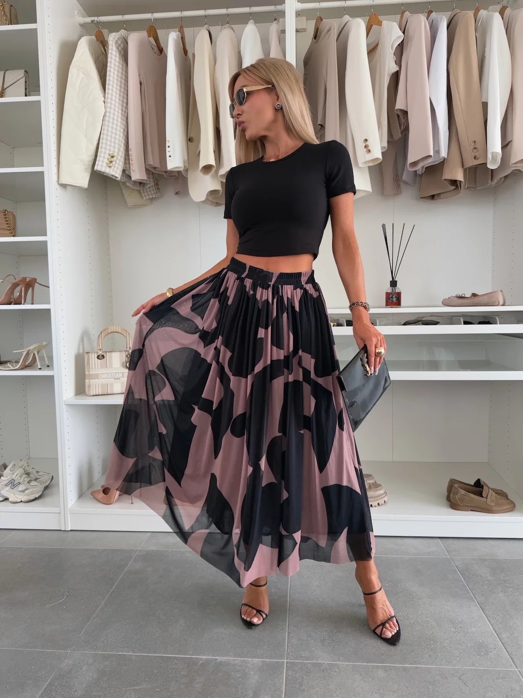 Women’s Mesh Print Waist-Cinching Flared Casual Skirt