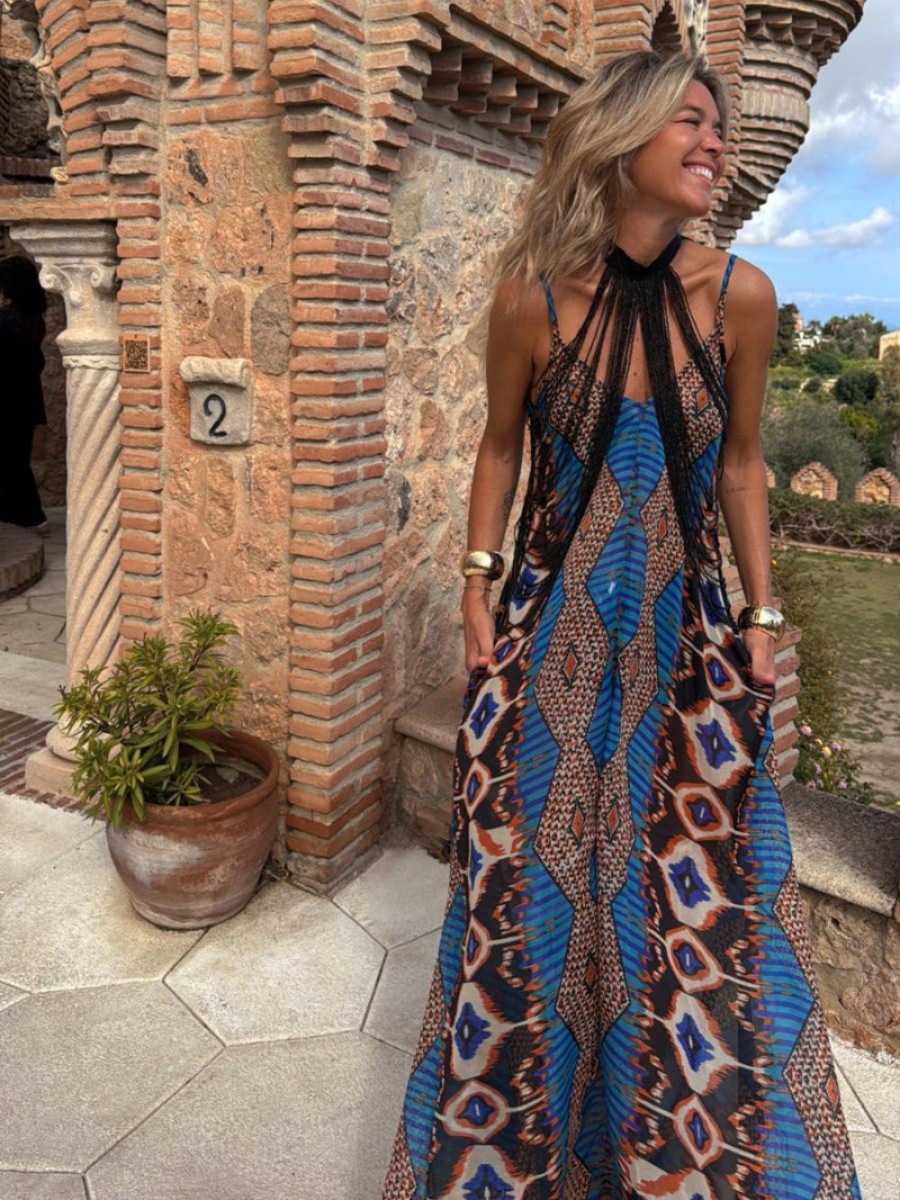 Women’s Summer New Arrival Influencer Style Placement Print Camisole Flared Maxi Dress