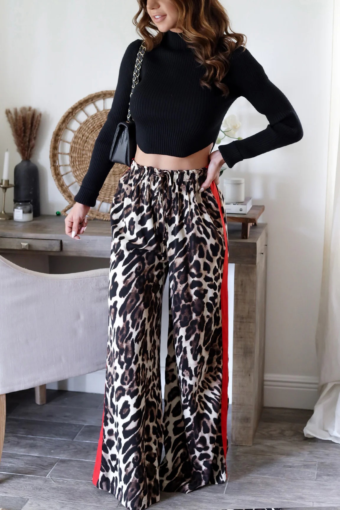 Women’s New Arrival Leopard Print Patchwork Elegant Wide-Leg Long Pants