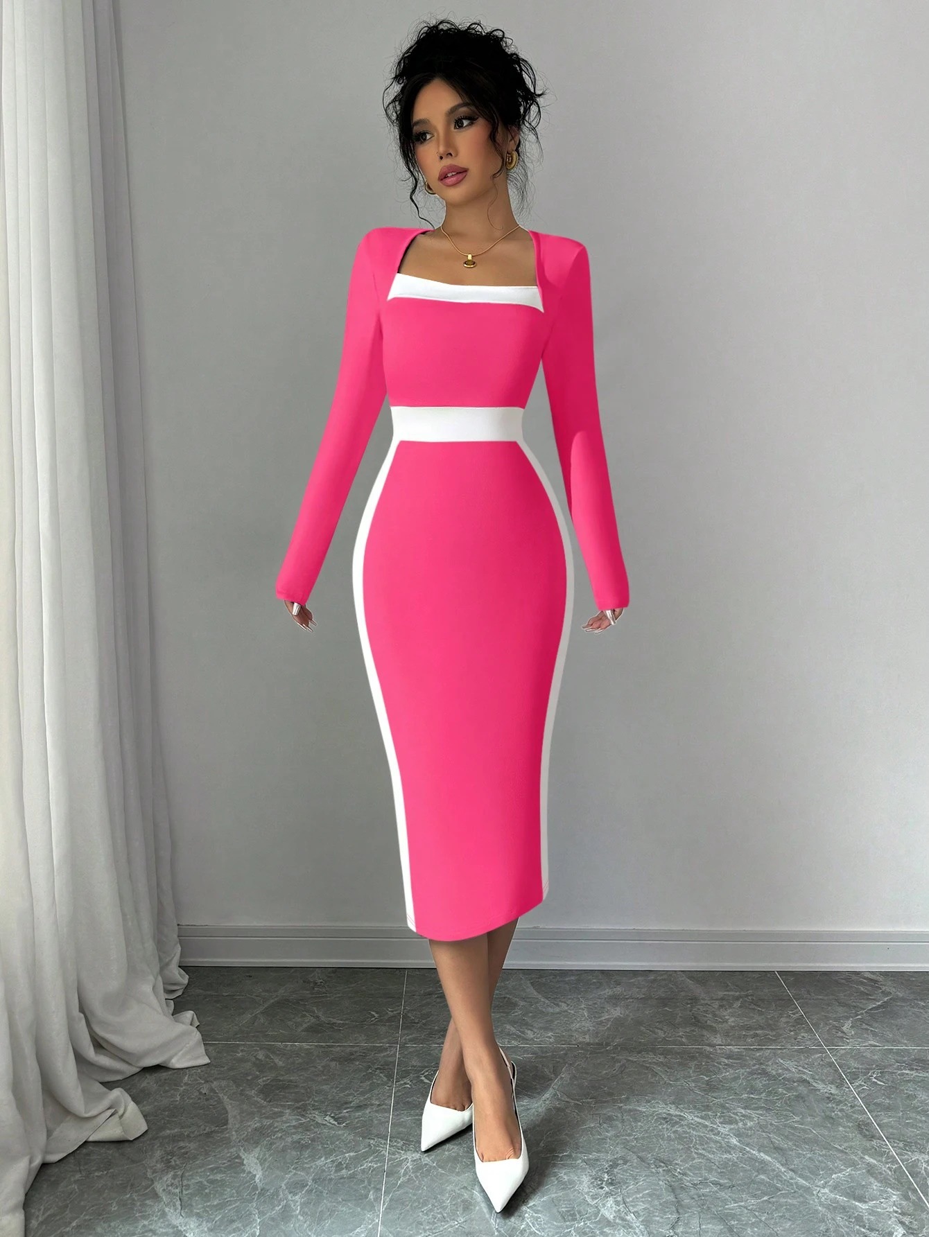 Women’s 2026 New Arrival Patchwork Color-Block Midi Dress – Sexy Bodycon Long Sleeve Dress