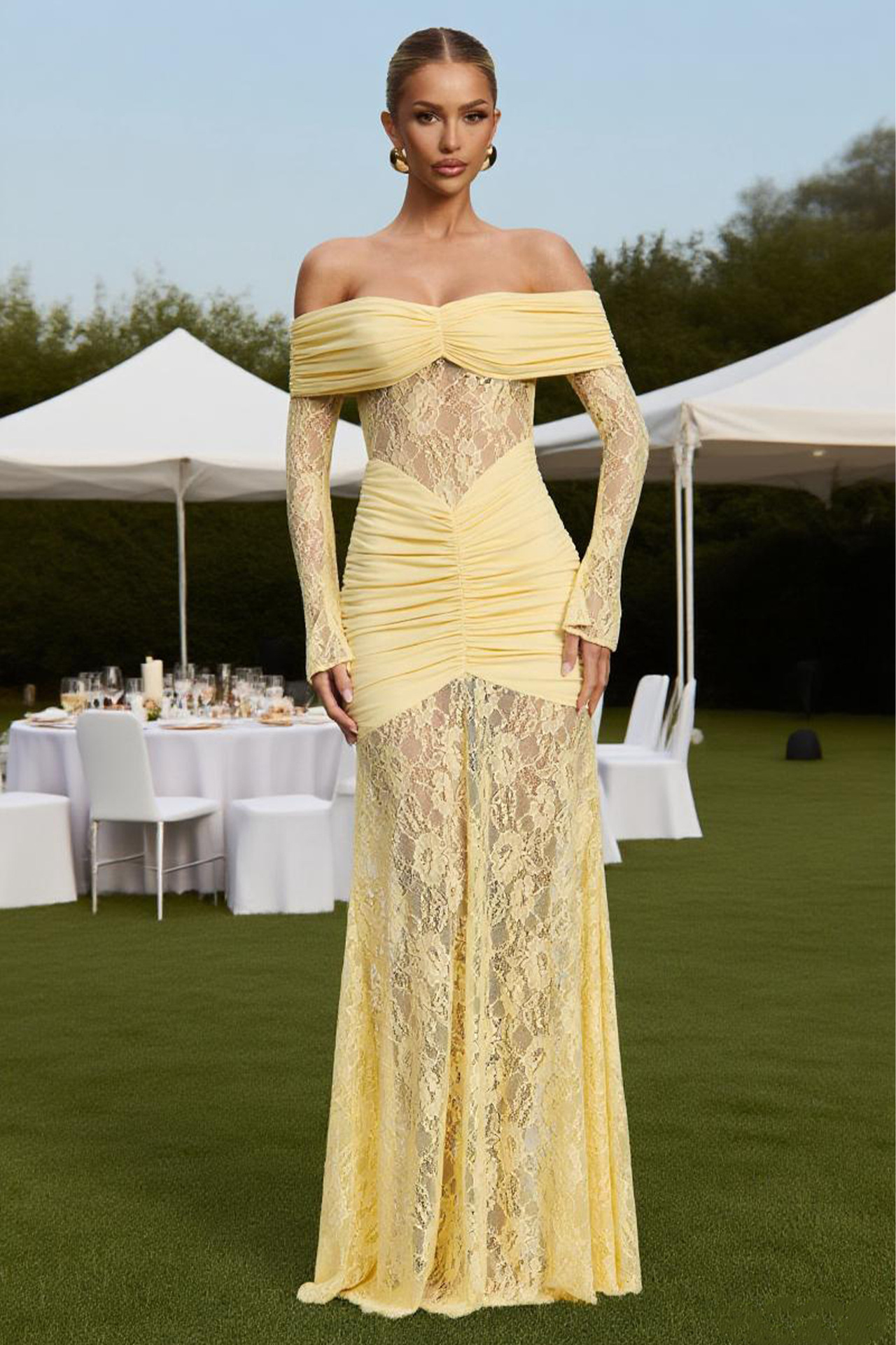 Women’s Elegant Lace Off-Shoulder Long Sleeve Backless Slim-Fit Maxi Dress – Fashion Sexy Style