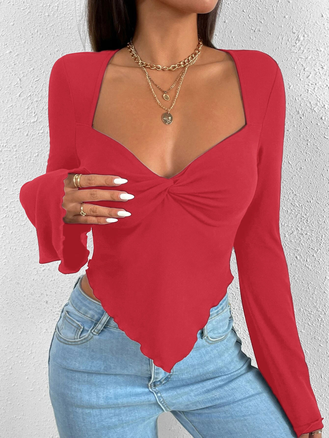 Women’s Resort V-Neck Flare Sleeve Waist-Cinching Asymmetric Knit Long Sleeve T-Shirt Top