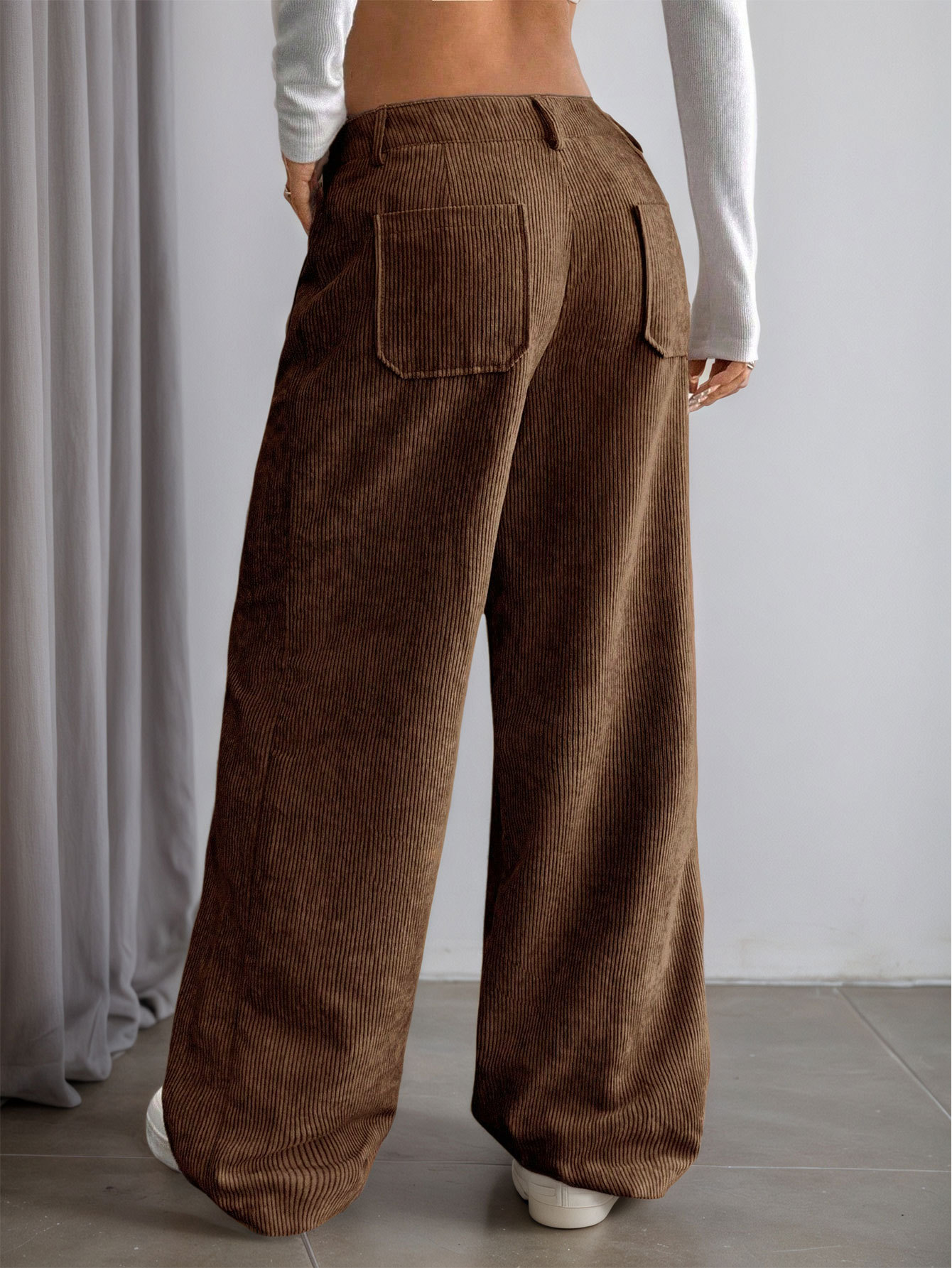 Women’s Corduroy Spring/Summer Dark Brown Vertical Stripe High-Waist Wide-Leg Loose Slimming Casual Pants