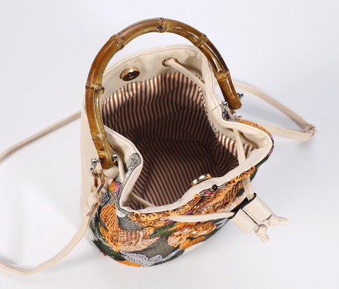 Women’s High-End Sequin Bamboo Handle Bucket Bag – New Unique Summer Trendy Embroidered Straw Woven Crossbody Bag