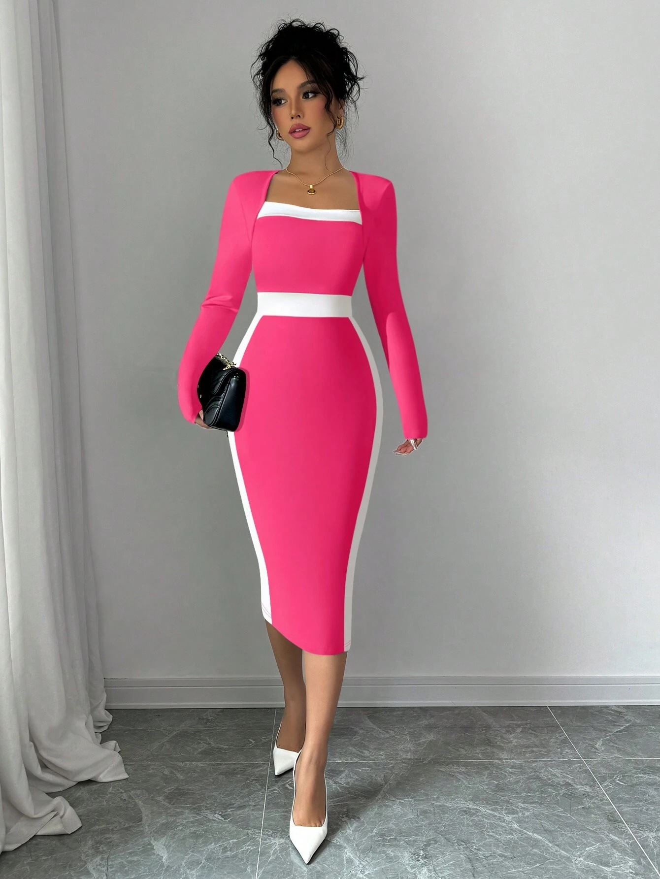 Women’s 2026 New Arrival Patchwork Color-Block Midi Dress – Sexy Bodycon Long Sleeve Dress