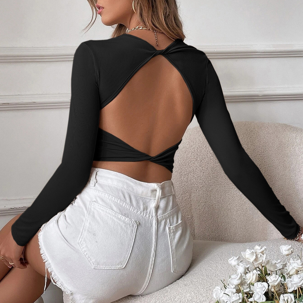 Women’s 2026 Sexy Backless Casual Cropped Slim-Fit Knit Long Sleeve T-Shirt Top – Base Layer & Outerwear