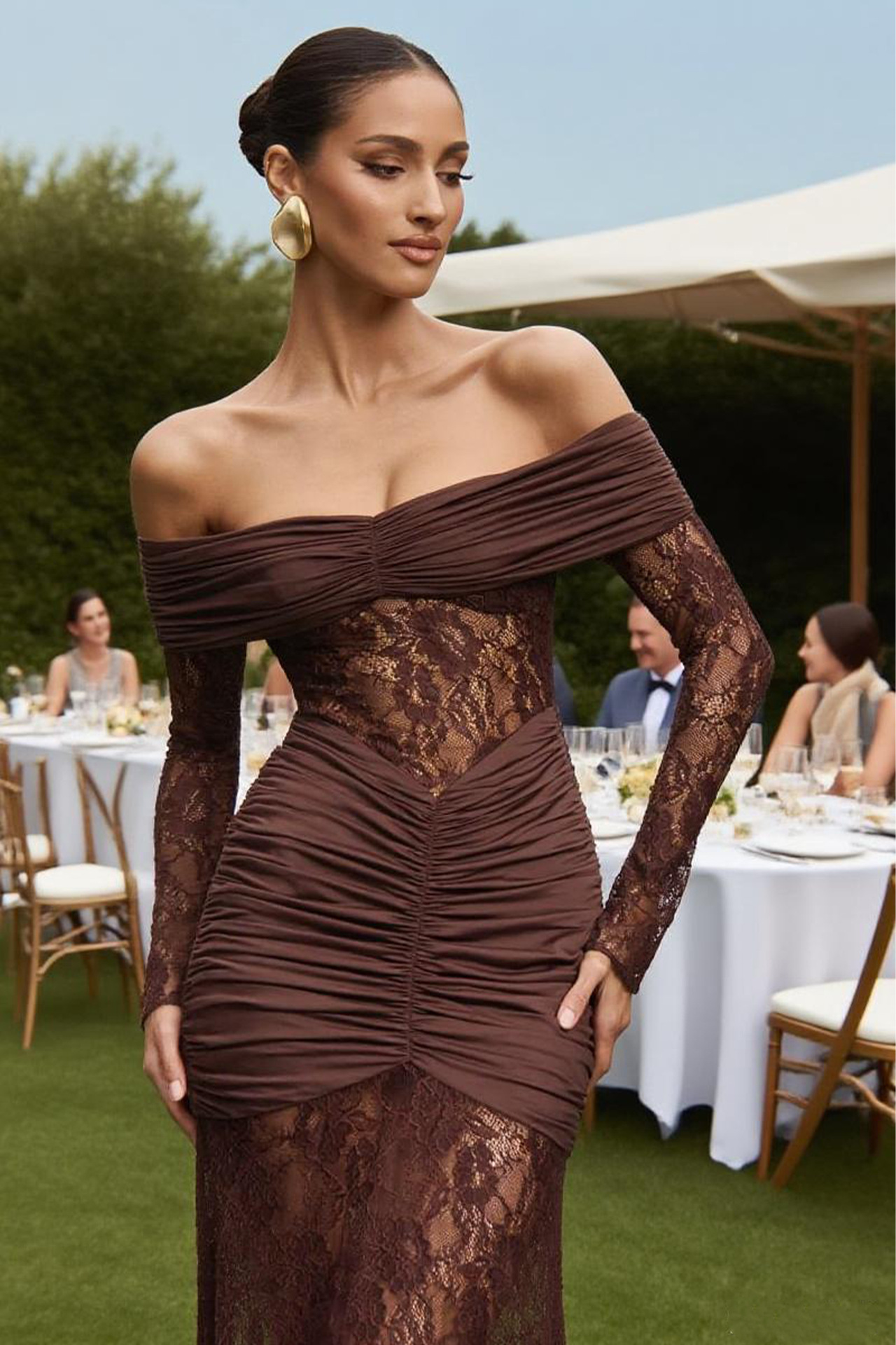 Women’s Elegant Lace Off-Shoulder Long Sleeve Backless Slim-Fit Maxi Dress – Fashion Sexy Style